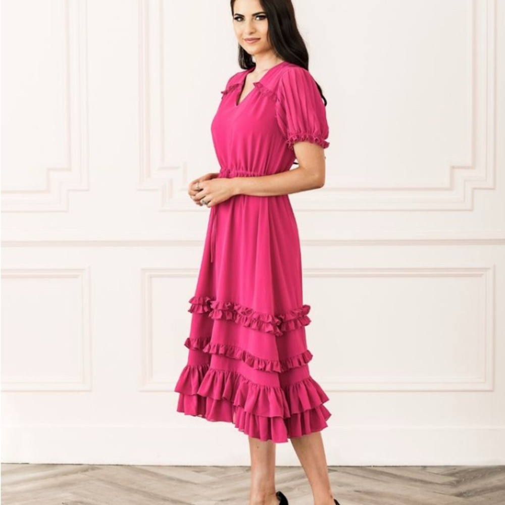 Rachel Parcell Berry Ruffle Midi Tiered Tie Waist Dress XS